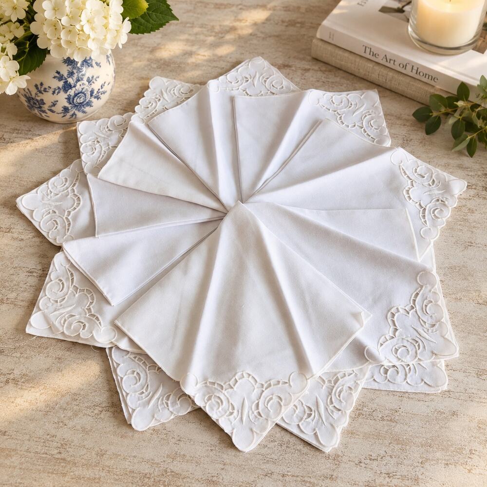 Set of 12 White Floral Cutwork Napkins Rose Appliqué Formal Table Linens 16"
